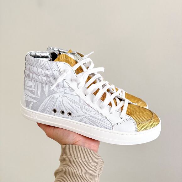 P448 Palm High Top Lace Up Round Toe Sneakers White/Gold 37 - Picture 2 of 10